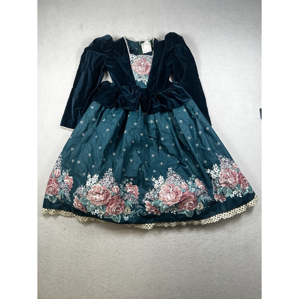 Daisy Kingdom Vintage Dress Girls Sz 8 Green Velvet Holiday Floral Flaws